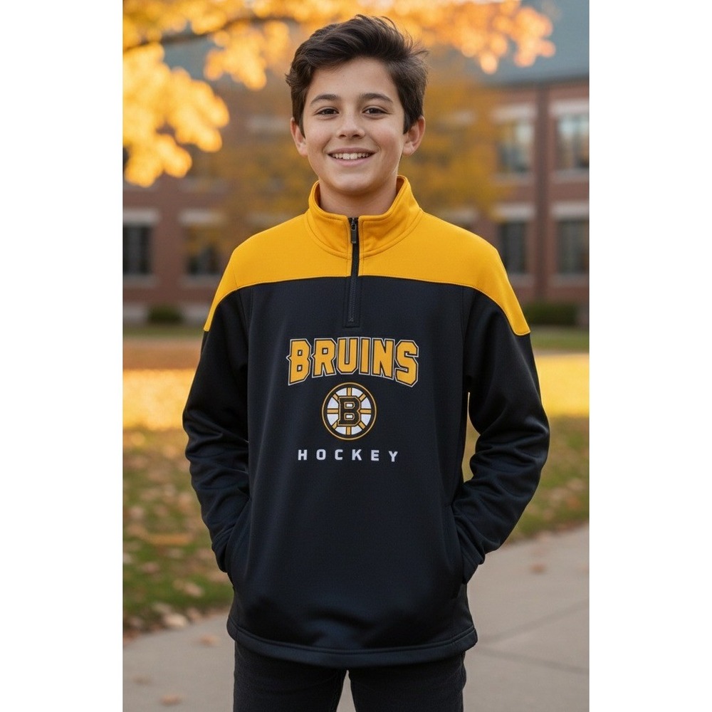 Vintage Boston Bruins Youth Hockey Quarter Zip Jacket Gold Black NHL Sz‎ L 14/16